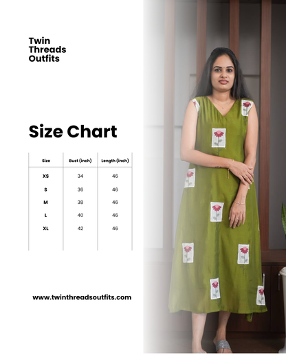 Premium - Mul Chanderi Applique Aline top- Olive Green