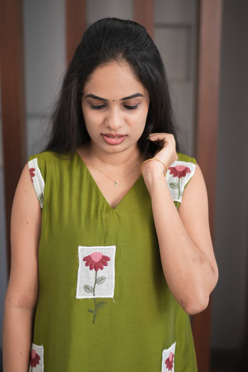 Premium - Mul Chanderi Applique Aline top- Olive Green