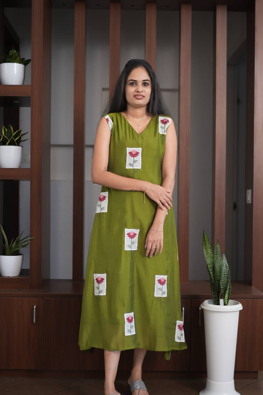 Premium - Mul Chanderi Applique Aline top- Olive Green