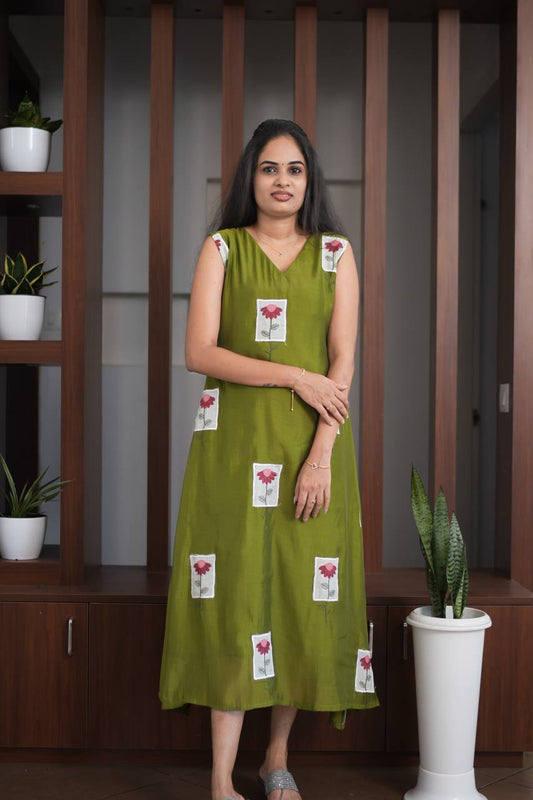 Premium - Mul Chanderi Applique Aline top- Olive Green