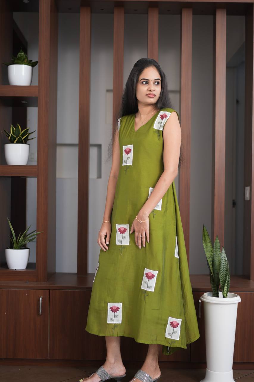 Premium - Mul Chanderi Applique Aline top- Olive Green