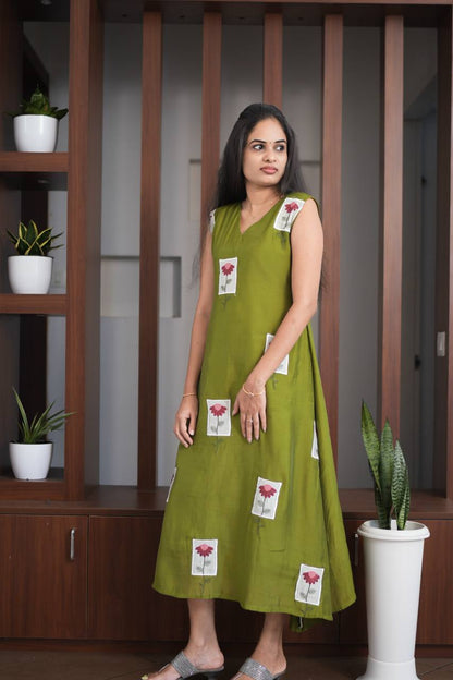 Premium - Mul Chanderi Applique Aline top- Olive Green