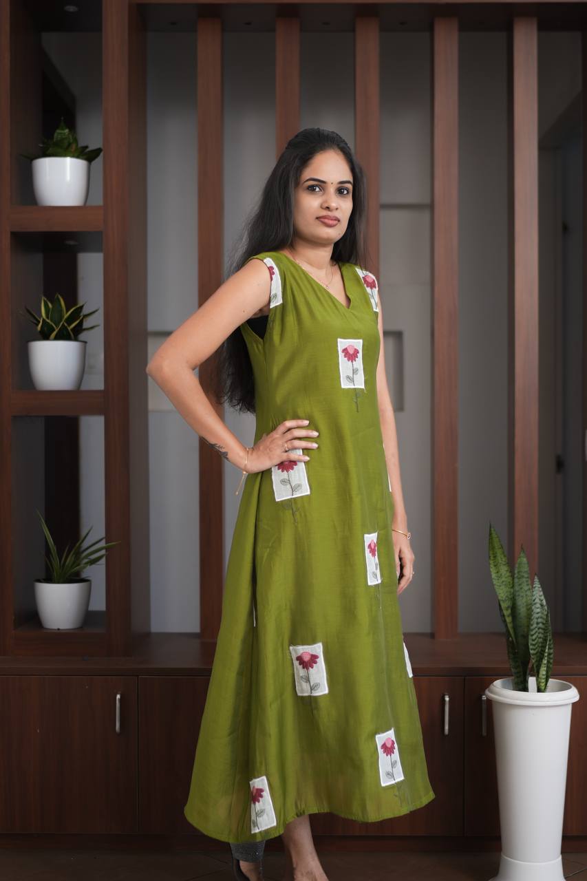 Premium - Mul Chanderi Applique Aline top- Olive Green