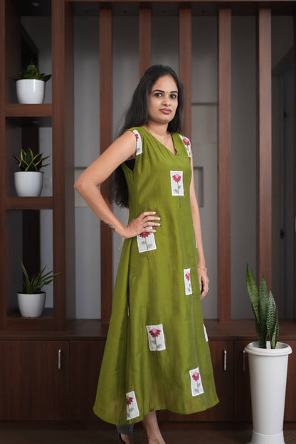 Premium - Mul Chanderi Applique Aline top- Olive Green