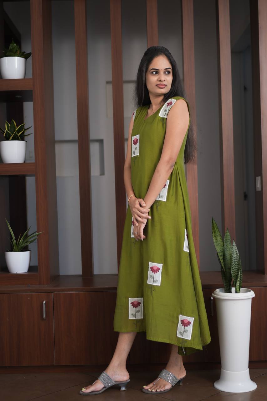 Premium - Mul Chanderi Applique Aline top- Olive Green