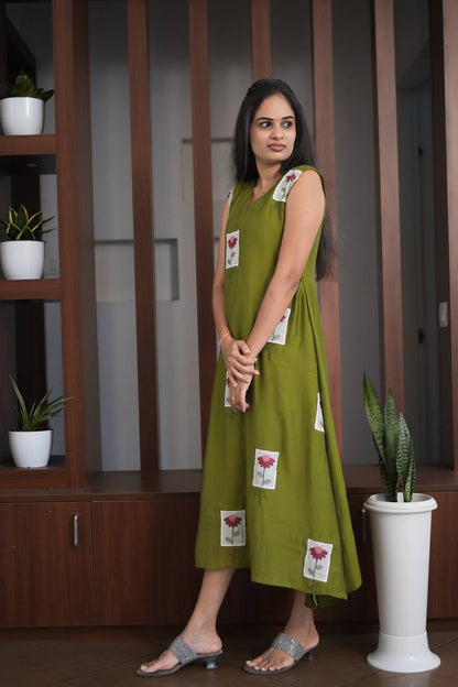Premium - Mul Chanderi Applique Aline top- Olive Green