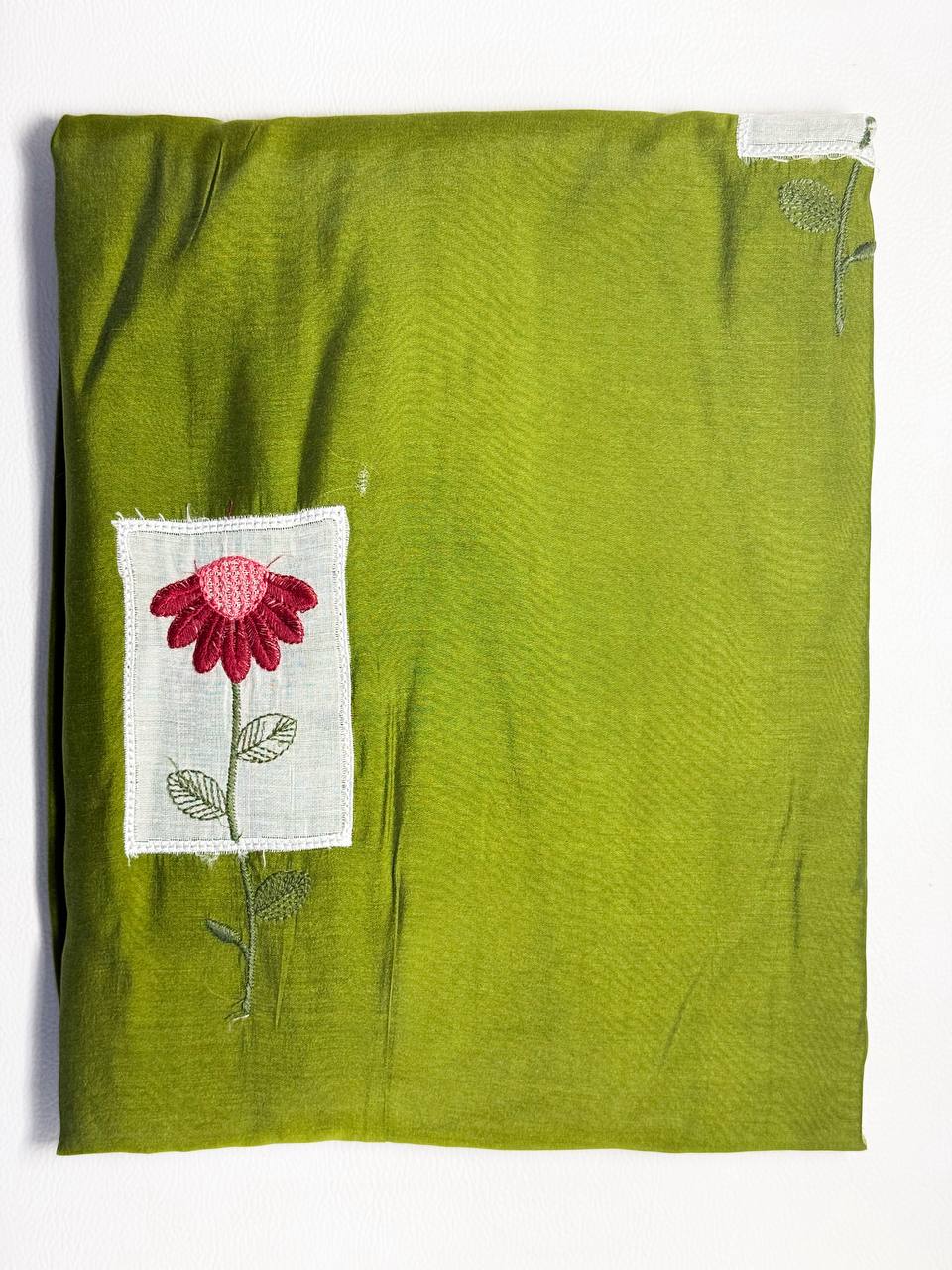 Premium - Mul Chanderi Applique Aline top- Olive Green