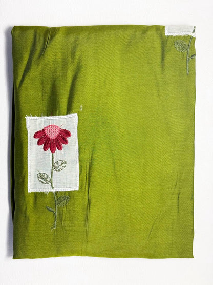 Premium - Mul Chanderi Applique Aline top- Olive Green