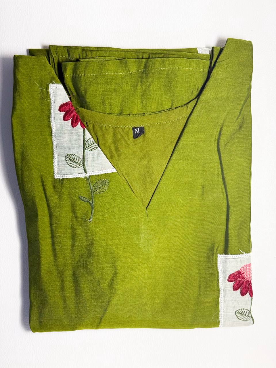 Premium - Mul Chanderi Applique Aline top- Olive Green