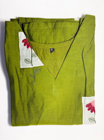 Premium - Mul Chanderi Applique Aline top- Olive Green