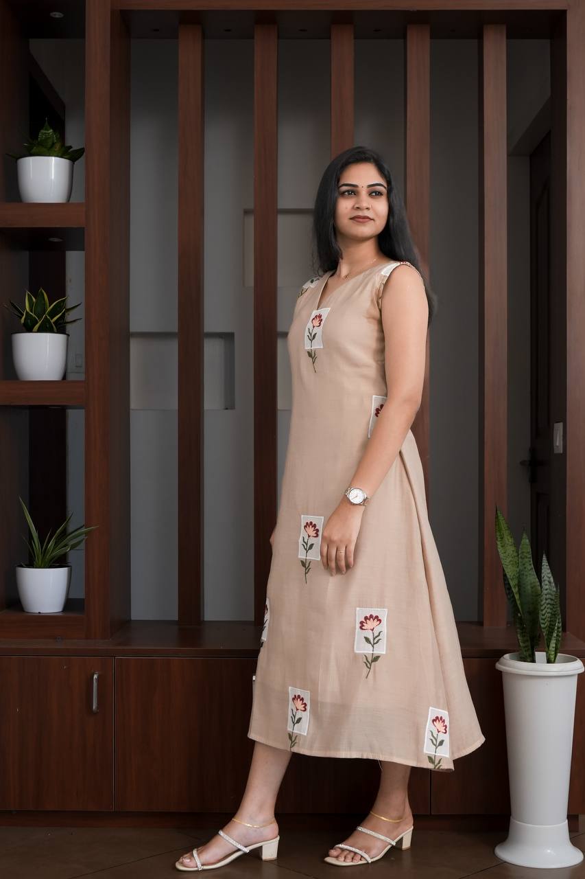 Premium - Mul Chanderi Applique Aline top- Beige