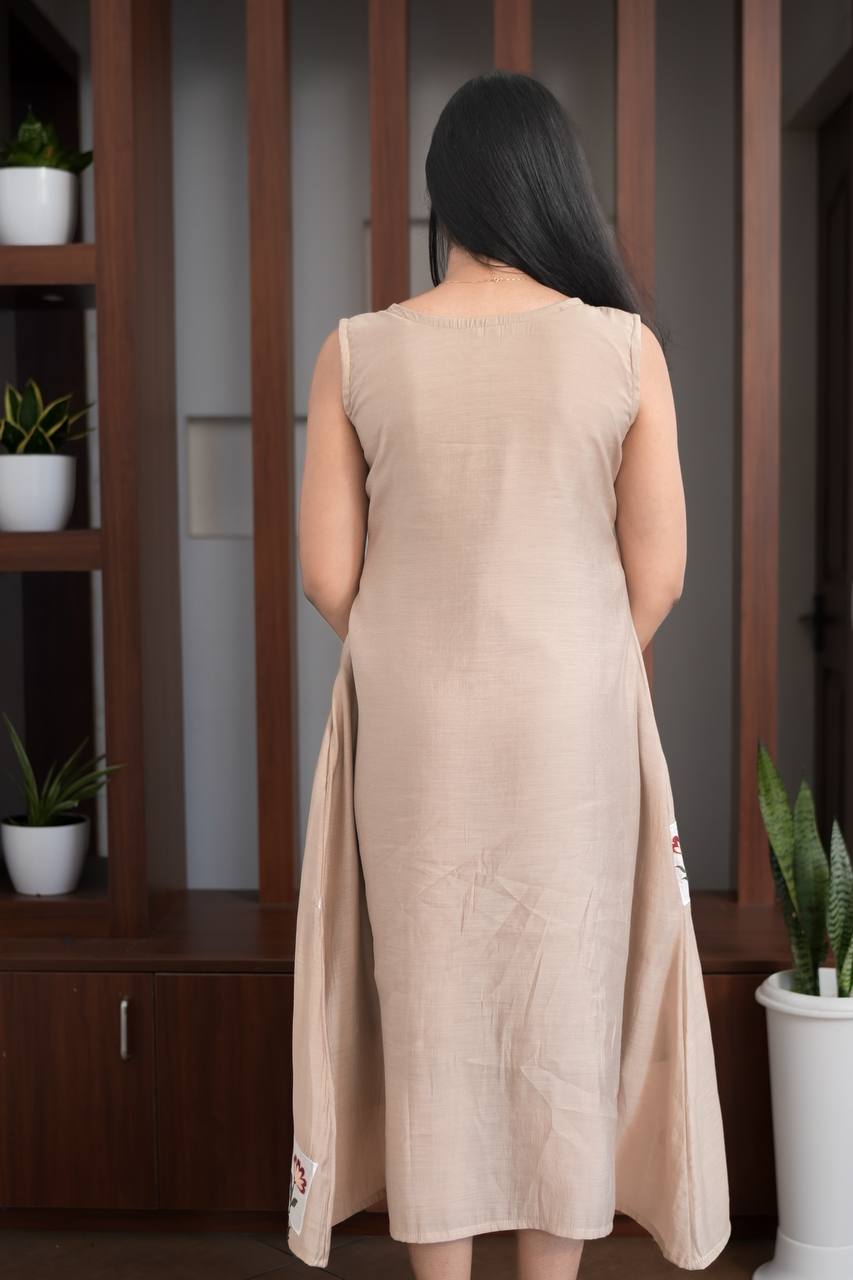 Premium - Mul Chanderi Applique Aline top- Beige