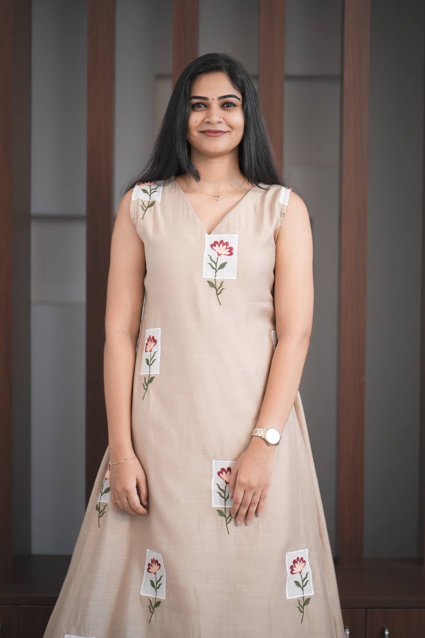 Premium - Mul Chanderi Applique Aline top- Beige