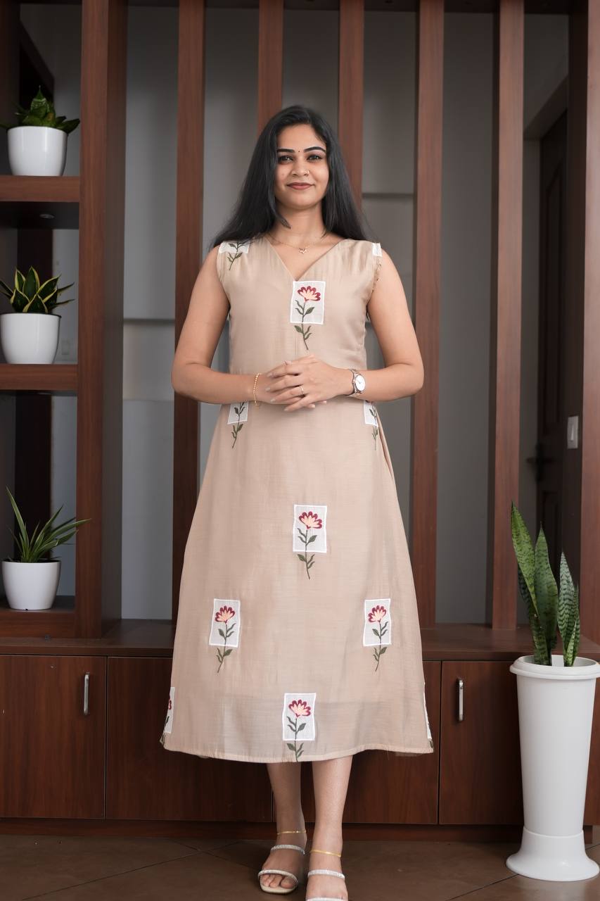 Premium - Mul Chanderi Applique Aline top- Beige