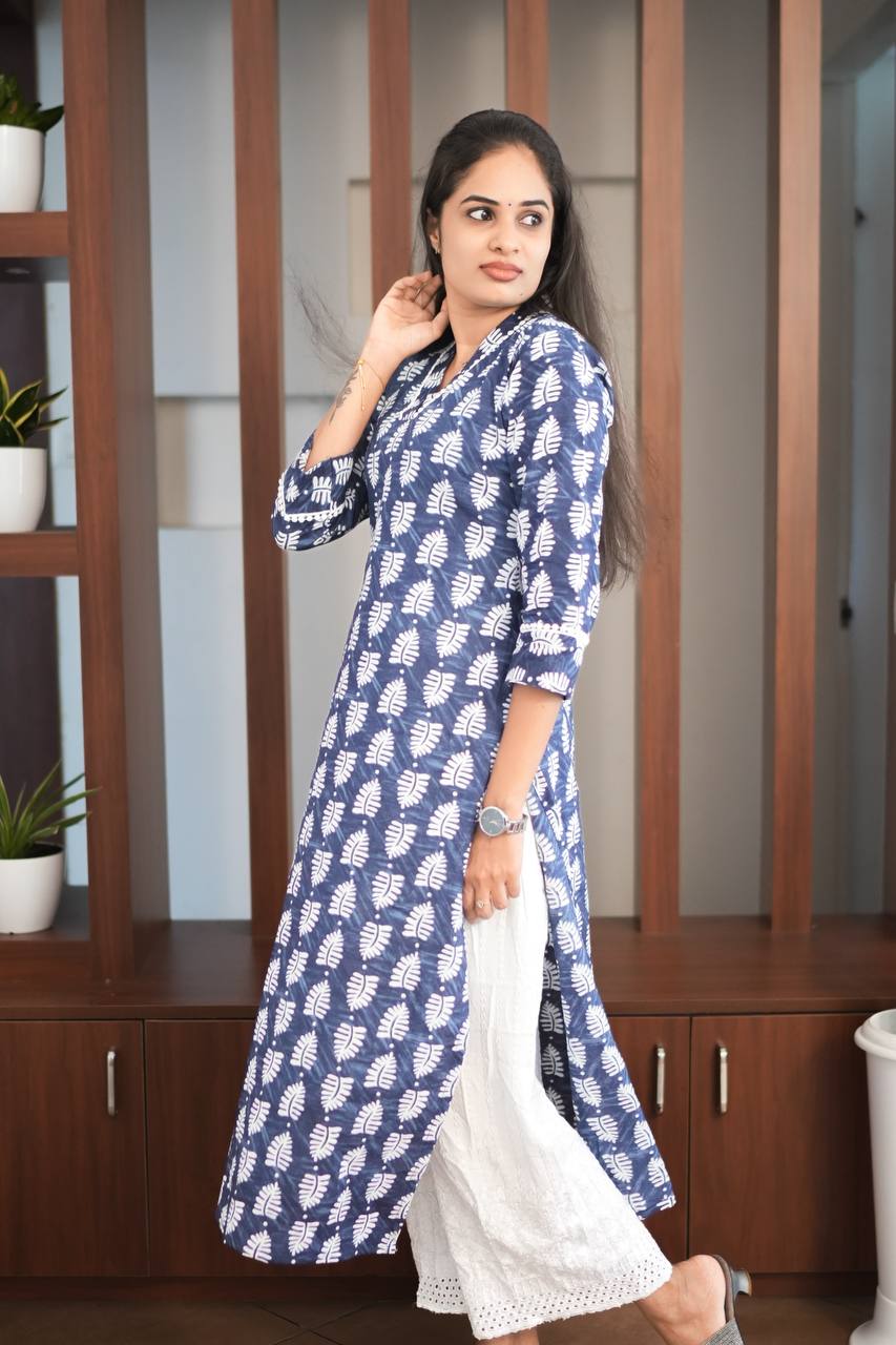 Essentials - Indigo Leaf Lace-Trim Kurta