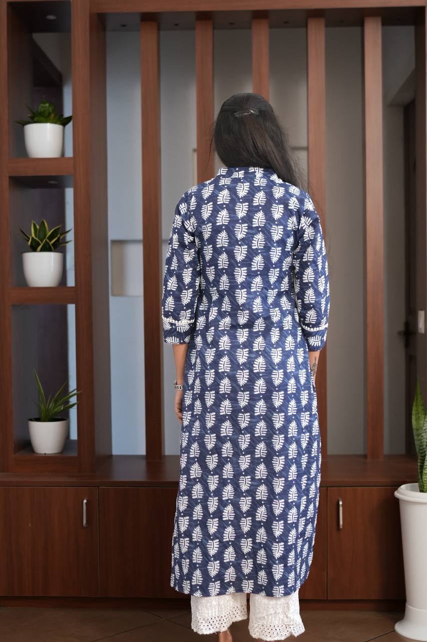 Essentials - Indigo Leaf Lace-Trim Kurta